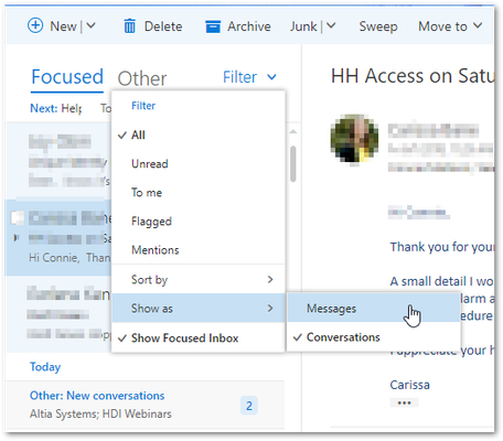 Outlook view settings - old web app