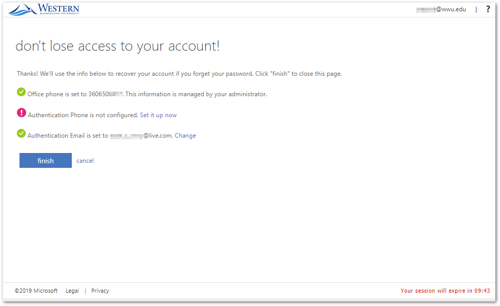 Self Service Password Registration Screenshot